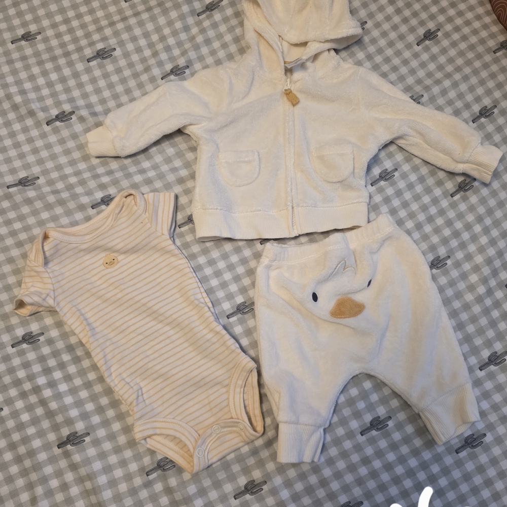 Cream Hooded Jacket, Duck Pocket Pants & Striped Onesie Baby Set